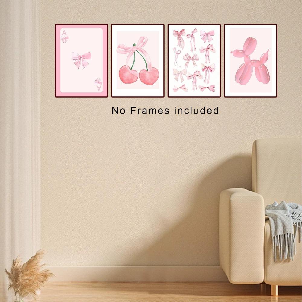 4 Stück Rosa Schleife Kirsche Discokugel Poster Wanddekoration, Niedliche Ballonhund-Poster, Mädchenzimmer Dekoration Rosa Fotos Ungerahmt