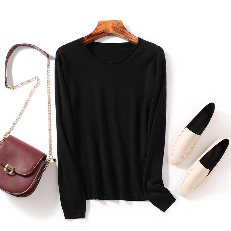 Autumn/Winter Women's Wool Sweater: Round & V-Neck, Rolled Edge, Long Sleeve, Thin Knit Top