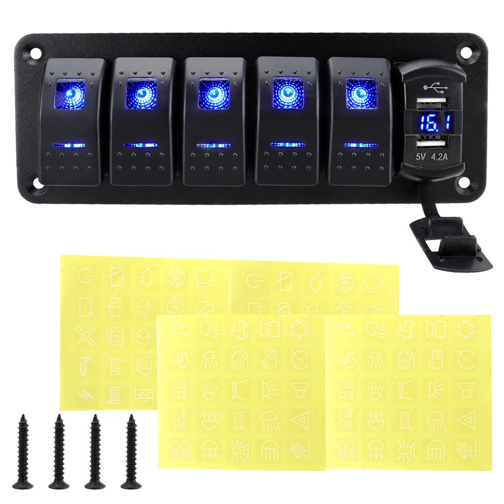 Digital Voltmeter 4 Gang Toggle Rocker Switch Waterproof 12V/24V Dual USB Port for Car Marine LED Switch Panel +Sticker