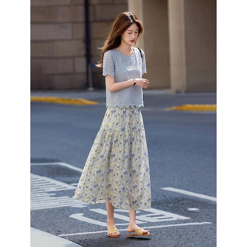Embroidered Hollow Short Sleeve Tee & Floral Skirt Set