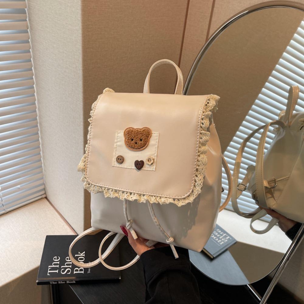Ruffled Lace Drawstring Backpack Ballet Style Cute Bear Knapsack Sweet Fashion Backpack  Girls