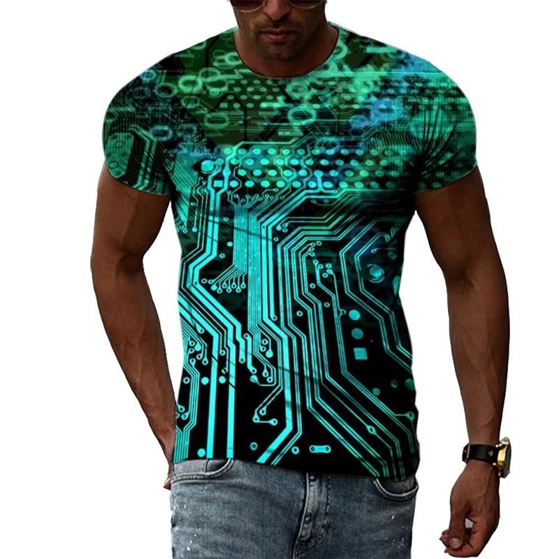 Summer Round Neck 3D Circuit Board Print T-shirts Fashionable Casual Short Sleeved Men's T-shirts