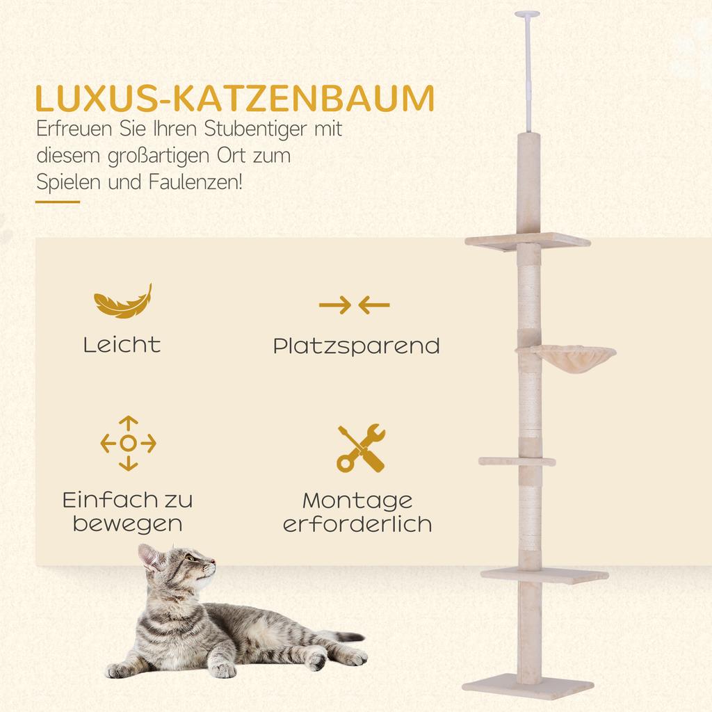 Floor To Ceiling Cat Tree 230-260cm Height Adjustable, 5-Tier Cat Tower with Scratching Posts, Hammock, Perches