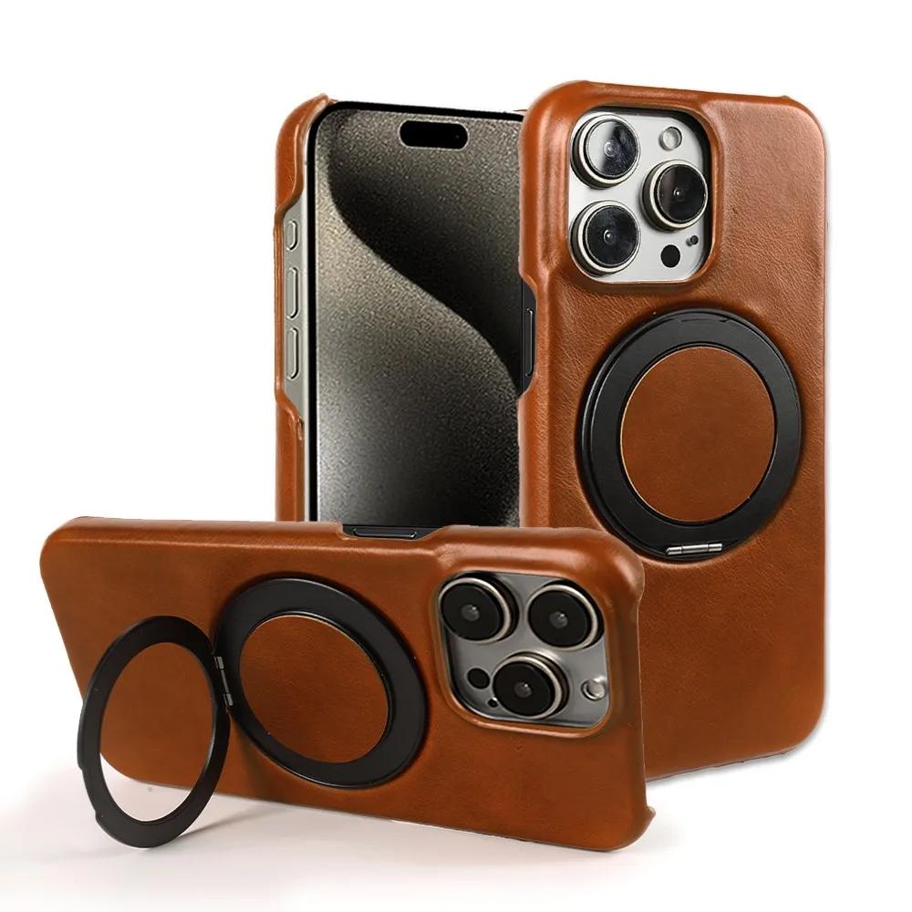 Support Magnétique Rotatif à 360° de Luxe Étui en Cuir Véritable Pour 15 Pro Max 16Pro 14Pro 13 12 11 Coque Arrière de Chargement Magsafe Genuine Leather&iPhone 12 Pro