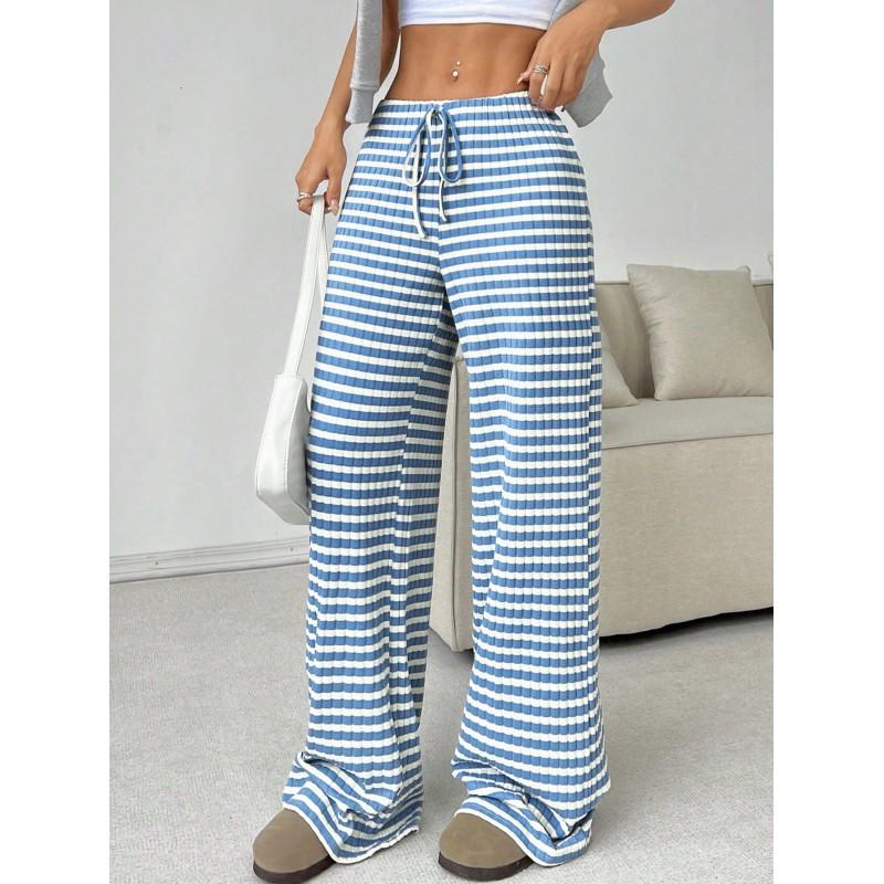 Womens Relaxed Fit Cotton Straight Leg Pants With Elastic Waist Drawstring Detail Striped Solid Colors Fall Winter 2026