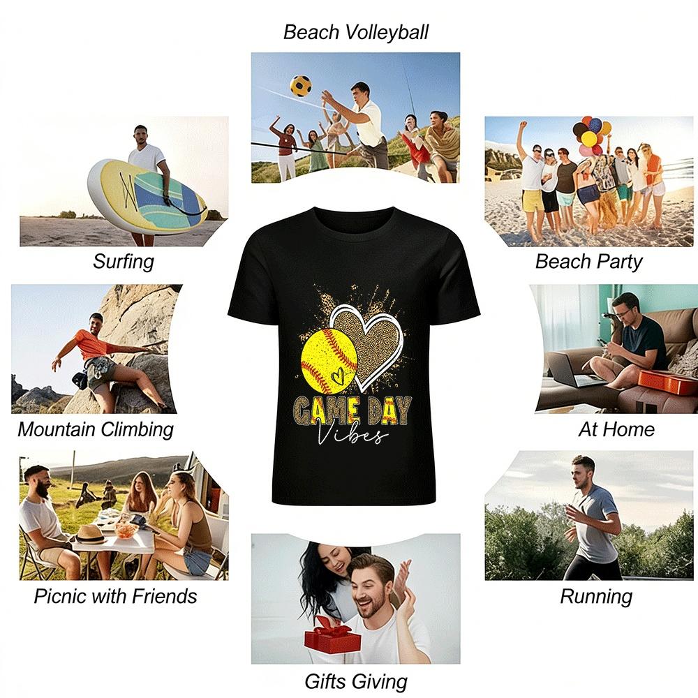 Game Day Vibes Leopard Print Heart Softball Graphic Tee Pure Cotton T-shirt