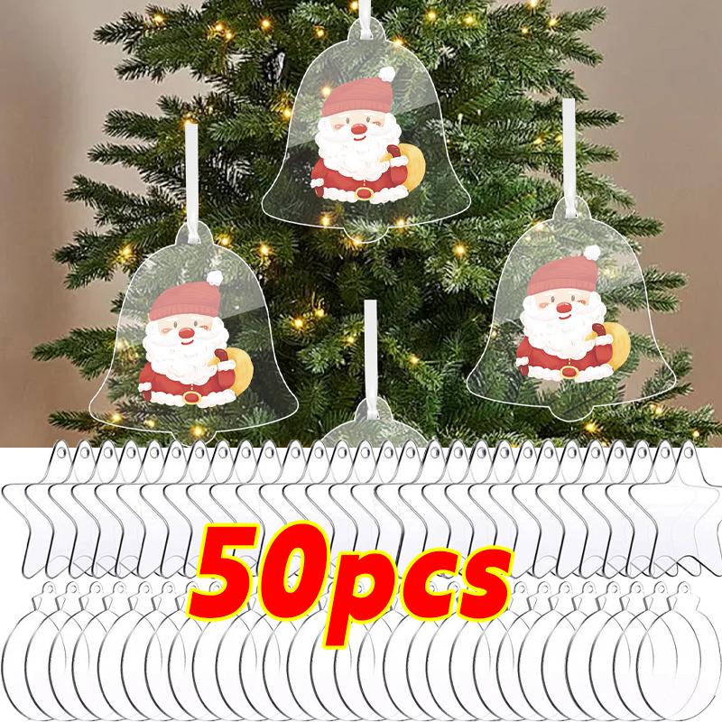 Transparent Xmas Tree Drop Ornament with Hole Children Round Bell Star Christmas Acrylic Sheets Hanging Pendant DIY Crafts Party