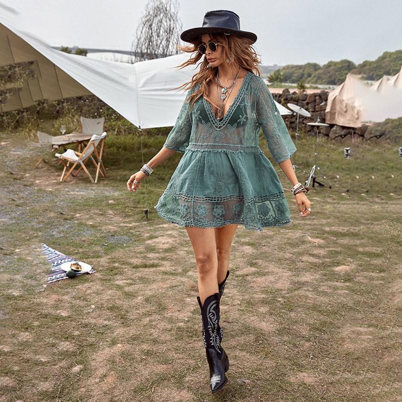 

European & American Lace Embroidery Cotton Beach Cover-up - Sexy Deep V-neck Sun Protection Bikini Shirt One Size чирковий