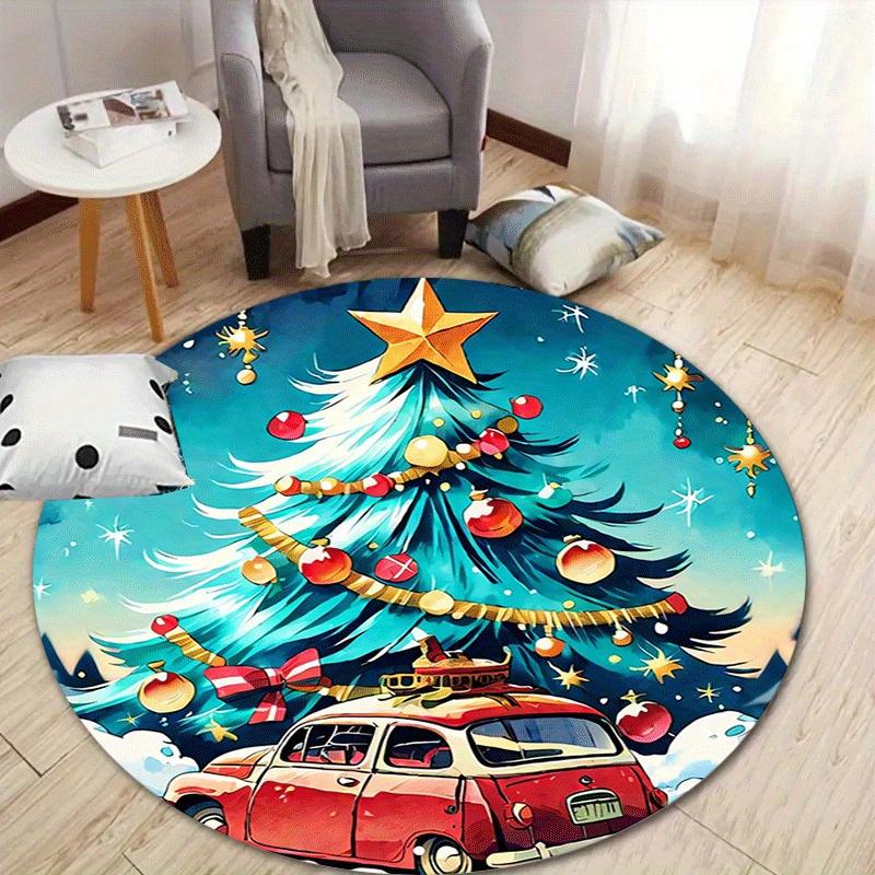

1pc Soft, Absorbent & Non-Slip Christmas Tree and Car Round Rug, Perfect for Entryway, Living Room, Bedroom Decor, Machine Washable Flannel 80cm by 80cm