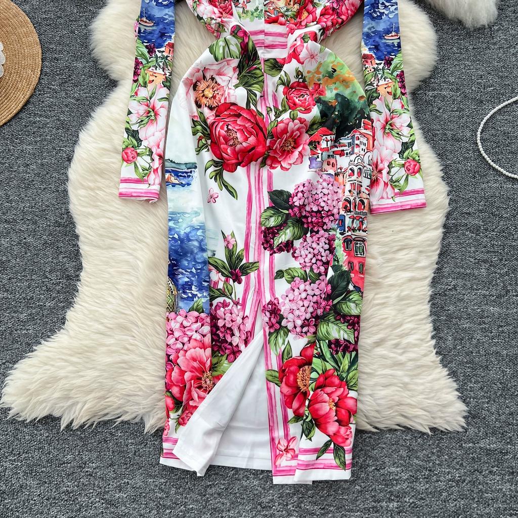 Spring Autumn Women Designer Vintage Print Runway Dresses O-neck Long Midi Office Party Slim Pencil Dress