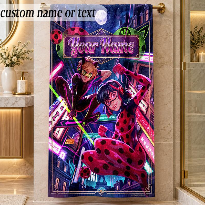 Beach TowelMiraculous Ladybug Custom Name Text Personalized Soft Towel for Beach Pool Indoor Home Decor Gift