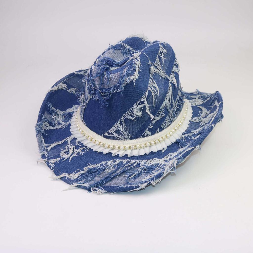 Retro Old Rough Edge Blue Western Cowboy Hat Pearl Accessories Curled Edge Outdoor Sunshade Warm Jazz Hat