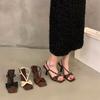 Leopard Print High Heels Bow Word with Sandals Women's Shoes 2025 Summer French with Skirt Thin Strap Roman Shoes