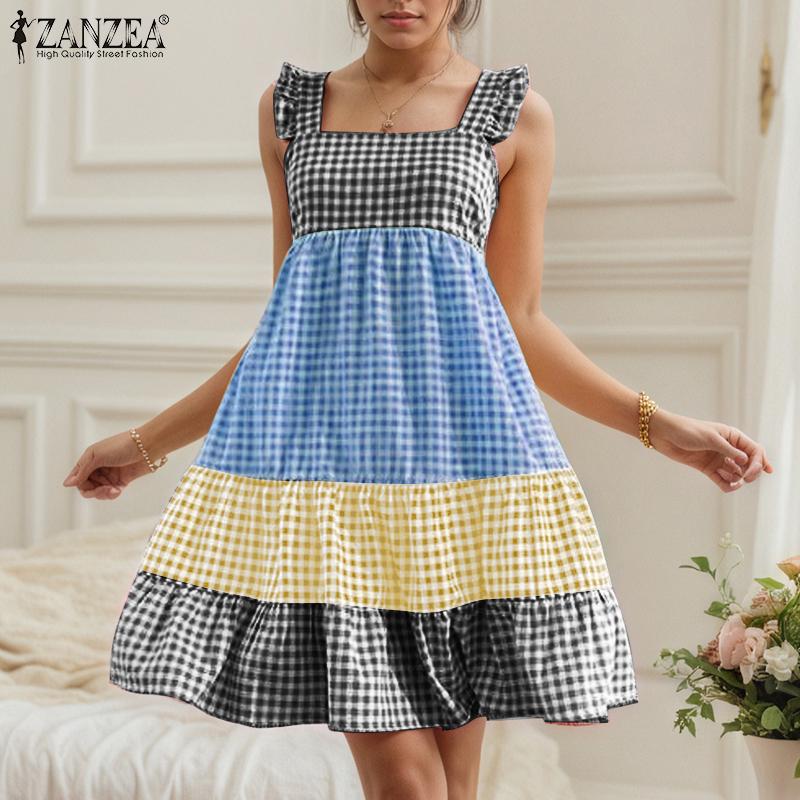 

ZANZEA Женское летнее повседневное платье без рукавов с сетчатым принтом S зелёный