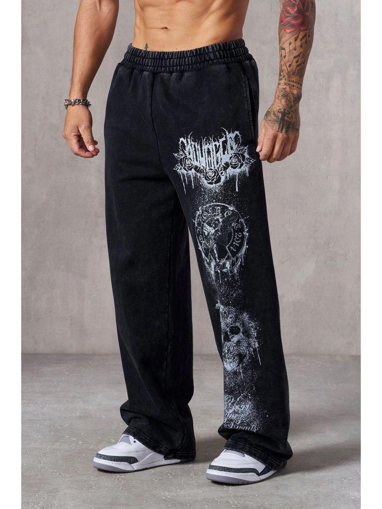 YOUNG Trend Men's Loose Fit Wide Leg Print Fitness Pants
