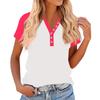Women's Fashionable Casual V-neck Button-down Summer Color-blocked Printed Short-sleeved Top