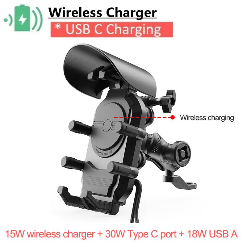 Shockproof Motorcycle Phone Holder 15W Wireless Charger & 18W USB 30W Type C Fast Charging Motorbike Bicycle Bike Scooter Stand