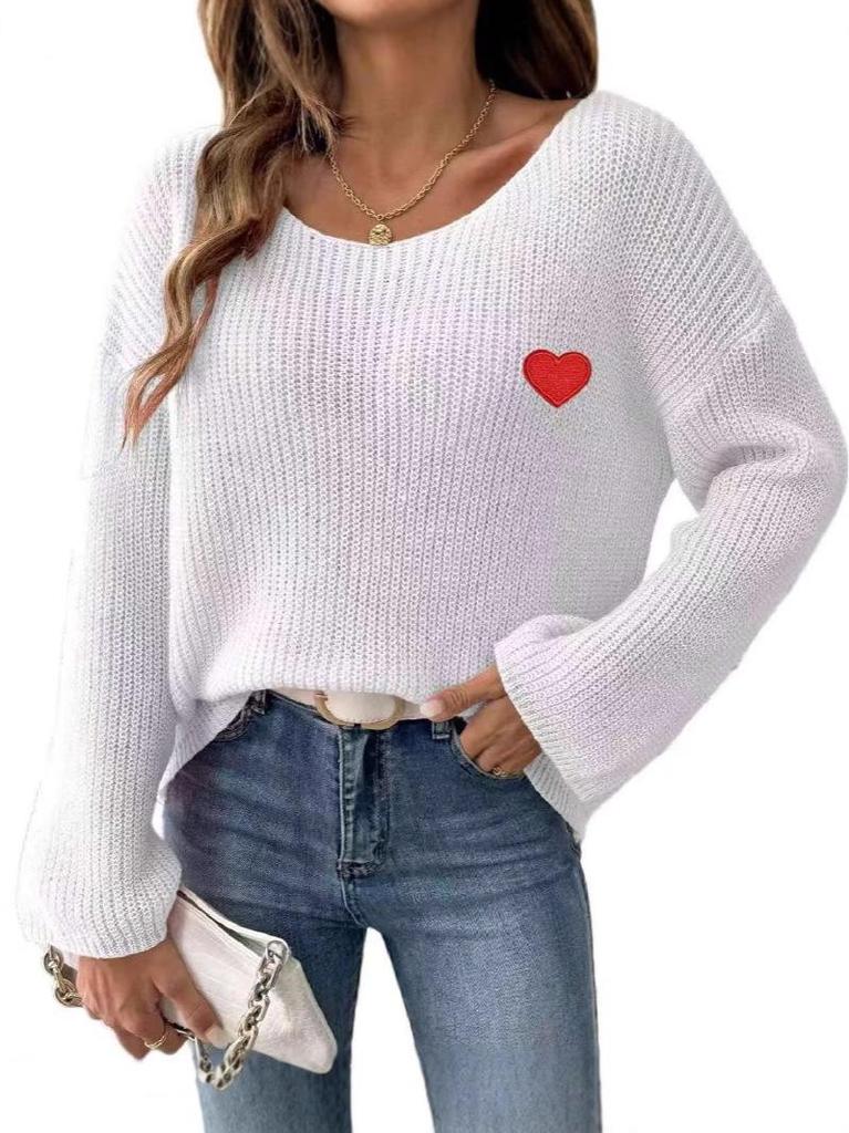 Valentine's Day Heart Embroidery One-Shoulder Pullover Sweater for Women