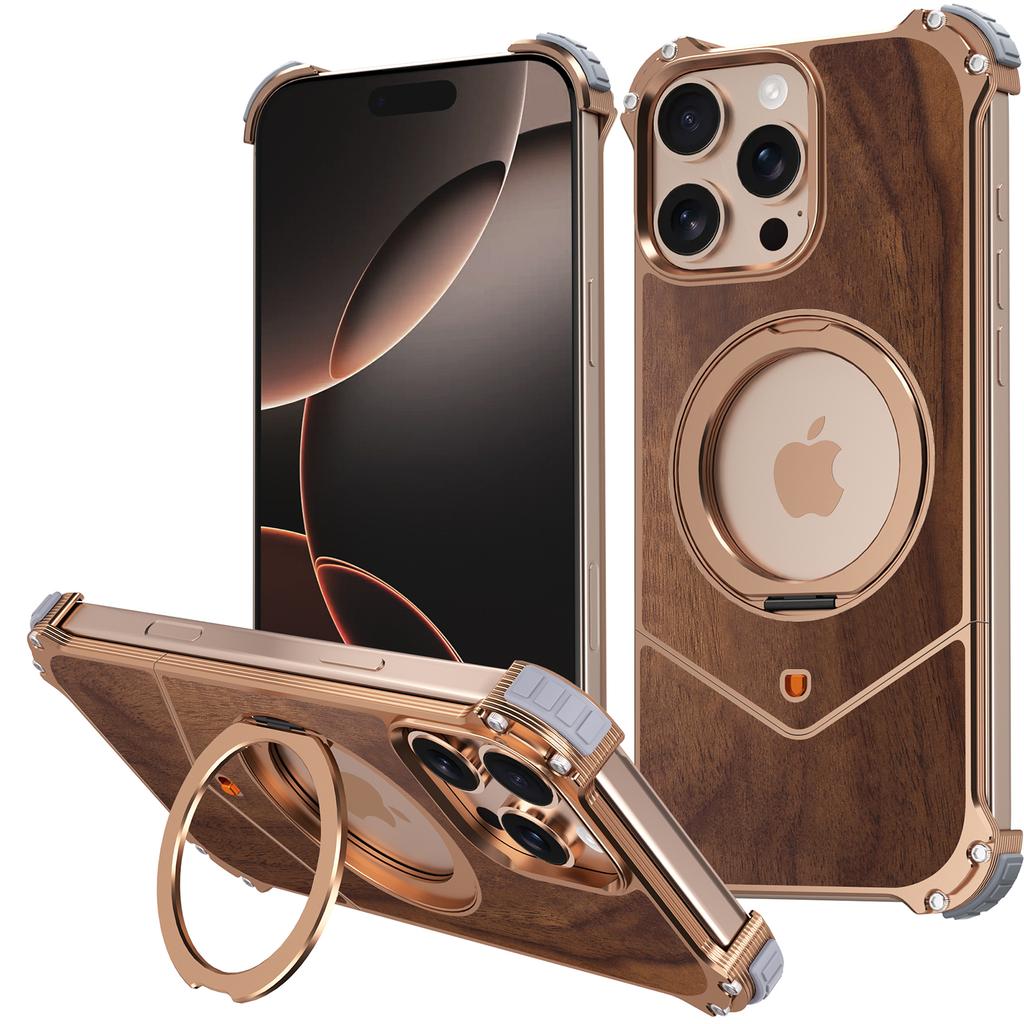 Voor iPhone 16 Pro Max Magnetische Hoes Hout + Metaal Boardless Telefoon Achterhoes met Ring Kickstand