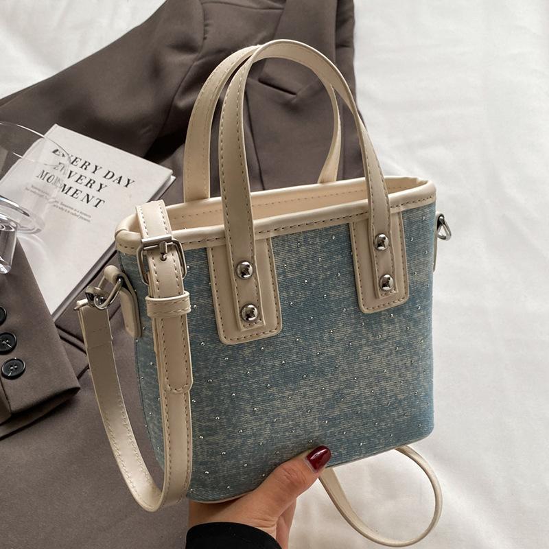 Popular Niche Casual Contrasting Denim Portable Bucket Bag Commuting Versatile Personalized Texture Messenger Women's Bag