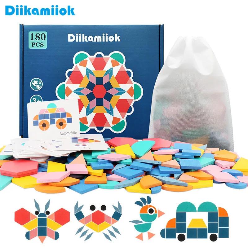Diikamiiok 180piece Geometric Shape Wooden 3D Puzzles Board Children Montessori Games Educational Toys for Kids Jigsaw Puzzle
