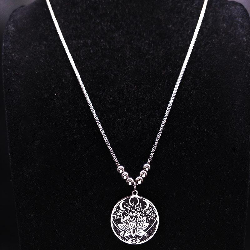 Wicca Lotus Stainless Steel Necklaces Pendants for Men Black Silver Color Moon Eye Long Chain Necklace Jewelry Colgante Hombre
