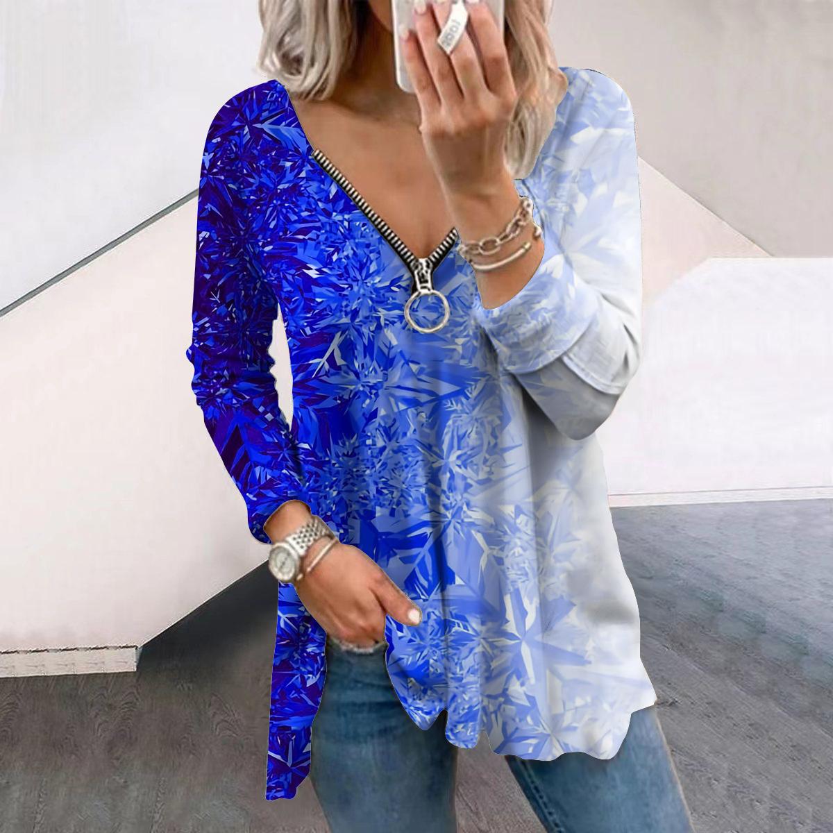 

Женские осенние футболки с длинным рукавом и блестящим принтом, свободные футболки с V-образным вырезом больших размеров, удобные блузки 4XL синий