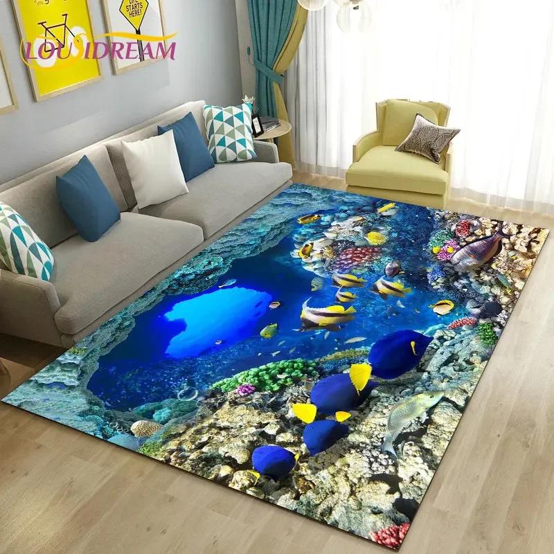 Seabed Illusion Underwater World  Dolphin Shark  Area Rug ,Carpet Rug for Living Room Bedroom Sofa Doormat Non-slip Floor Mat