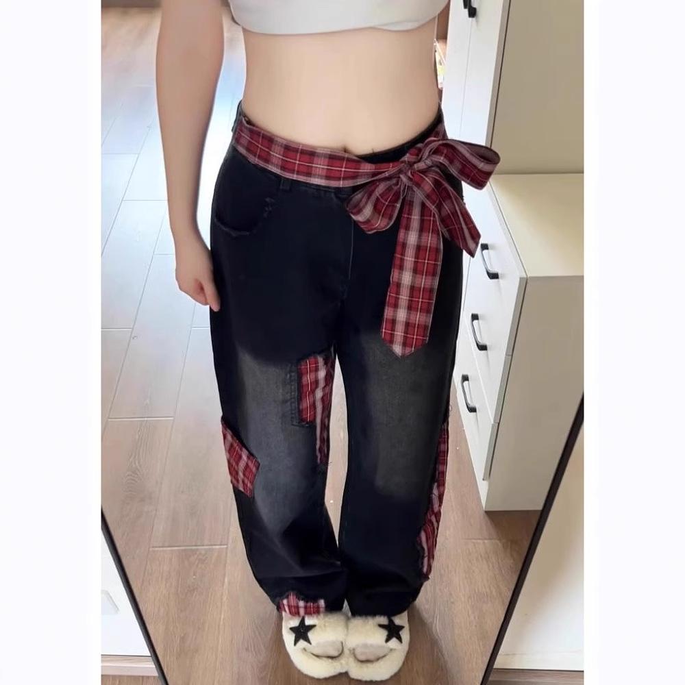 Women's High Waist Red Plaid Patchwork Wide Leg Jeans - Retro Loose Slimming Mop Pants for Spring/Summer
