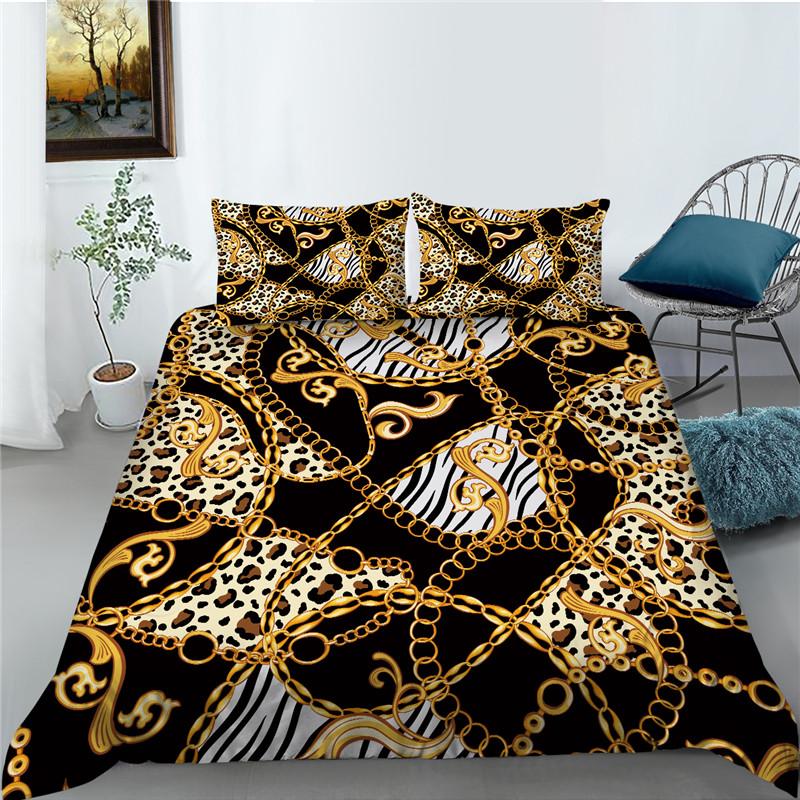 Bettbezug-Set mit Leopardenmuster, Mikrofaser, europäischer Retro-Klassiker, Druck, Doppelbett-Bettbezug mit Leopardenmuster und Goldkette, Kingsize
