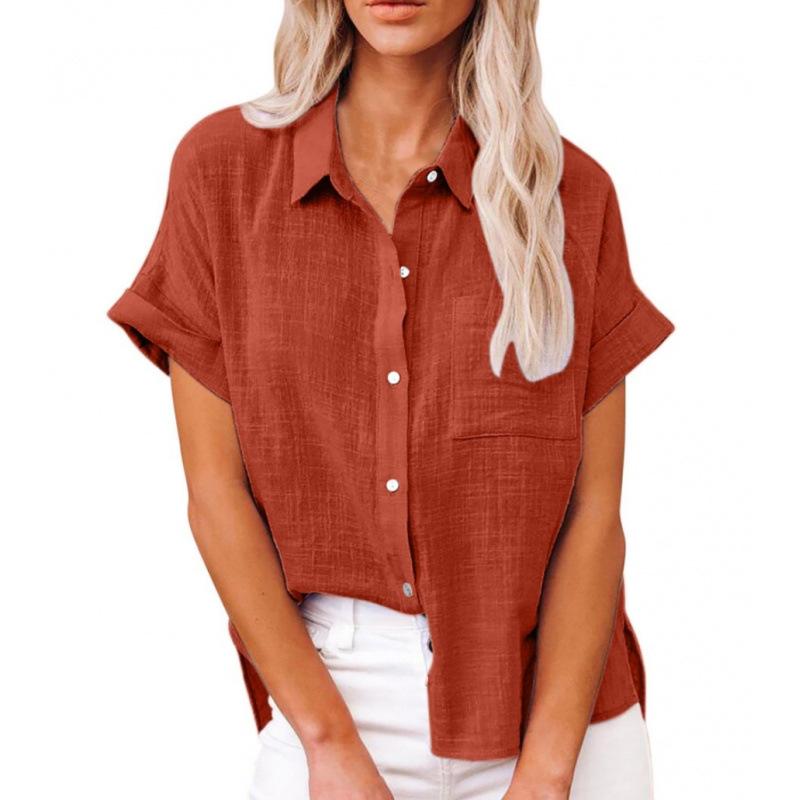 Summer New Women's Clothing Solid Color Linen Shirt Short Sleeve Casual Loose Shirt