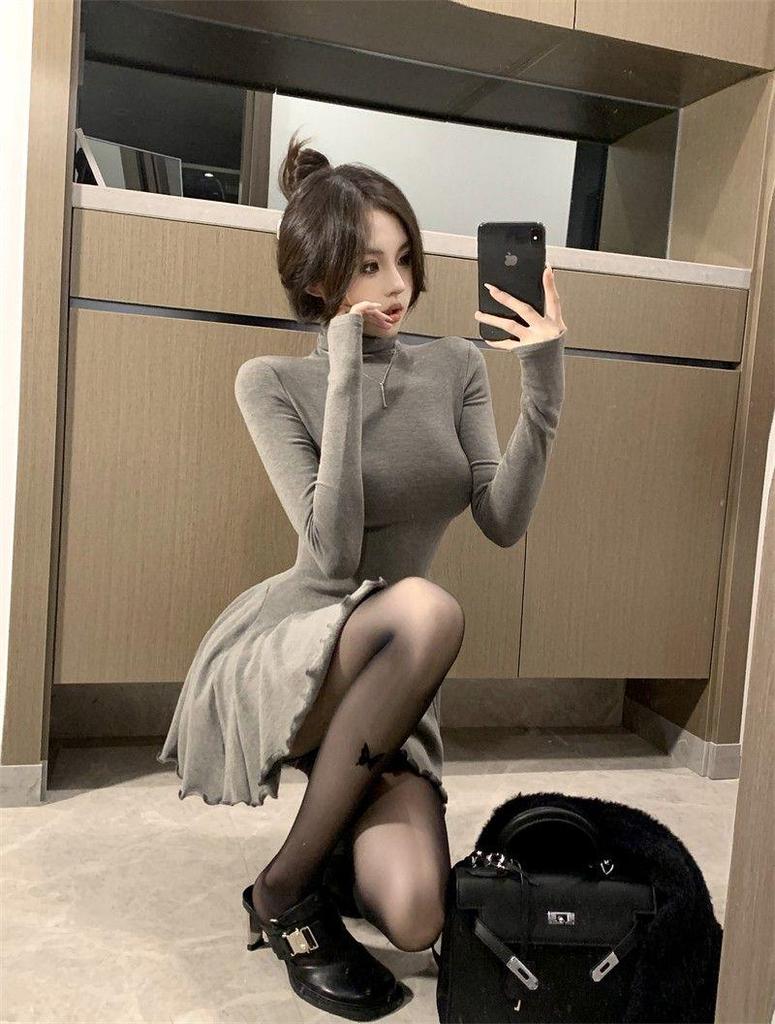 Women's Autumn/Winter Slimming High Neck Fluffy Skirt Dress - Versatile Solid Color, Spicy Girl Style