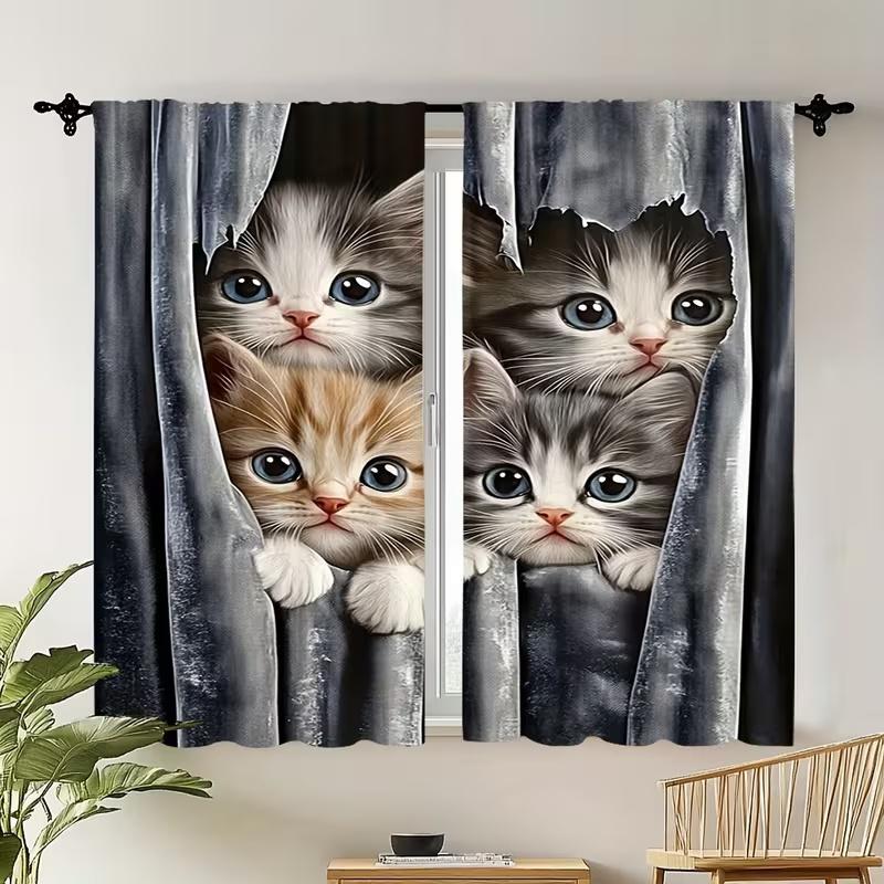 

2 Pcs Many cute cats print curtains,suitable for bedroom,living room kitchen decoration,home decoration, window curtain 14Wx39L(35x100CM)x2&Rod Pocket