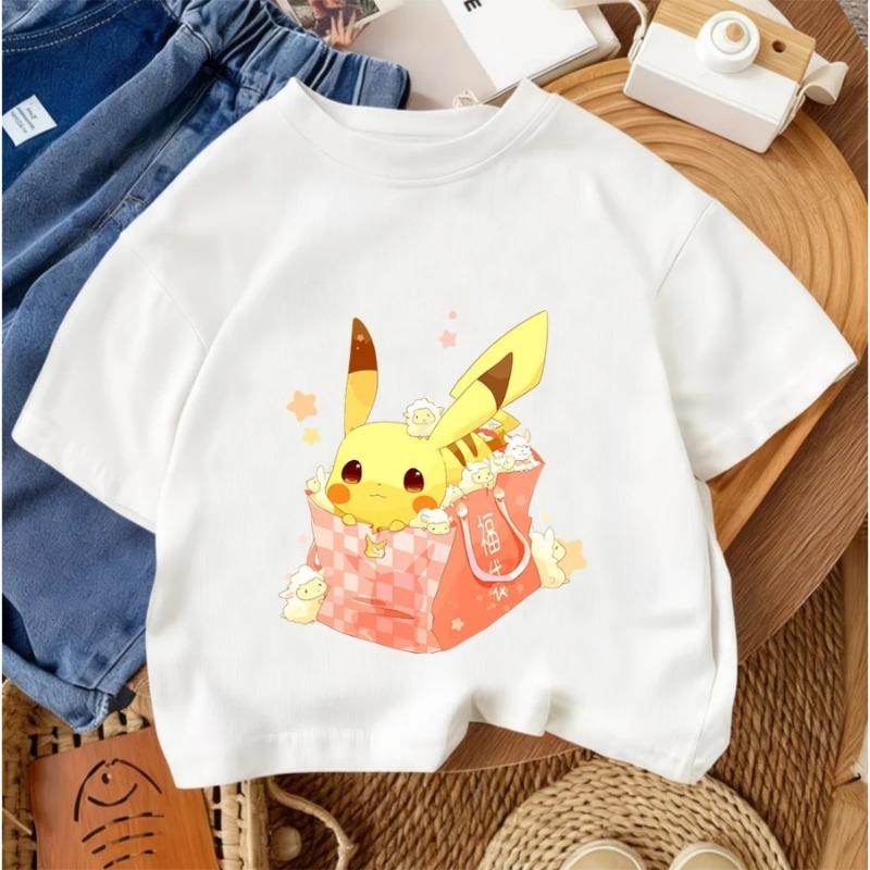 Boys' and Girls' Summer Casual Street Style Fashion Popular Cartoon Children's Crew Neck T-shirt Pikachu