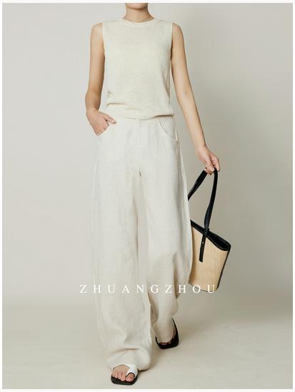 100% Heavyweight Linen Women's Wide-Leg Breathable Floor-Length Slimming Pants