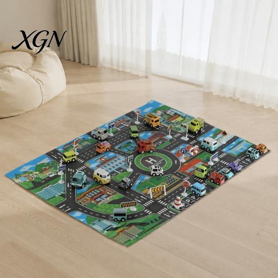 Family Game Room Floor Mat Kids City Life Play Mat, Educational PVC Road Traffic Carpet, Durable Indoor Non-slip Urban Parking Scene Area Rug