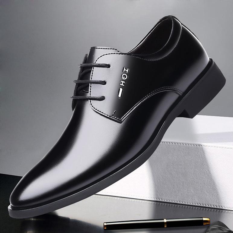 Men's leather shoes inner height increase pointed lace-up soft sole youth business dress shoes breathable versatile British work men's shoes