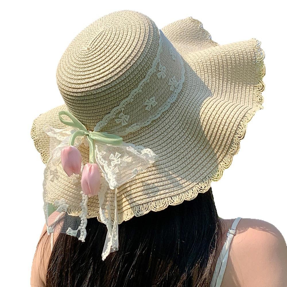 Summer Tulip Straw Hat, Seaside Vacation Bow Sunscreen Sun Hat, Large Brim Sun Hat Wholesale Spot