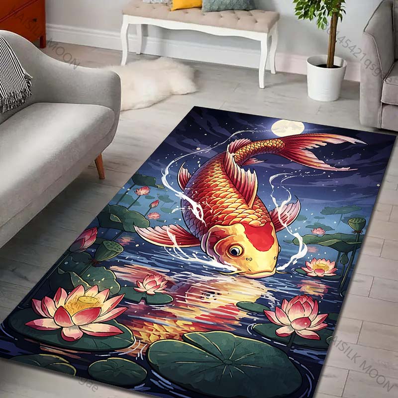 Multiple sizes Koi under moonlight water lilies Carpet for Living Room Bedroom Home Decor Rug Non-slip Floor Mat Luxury Gift