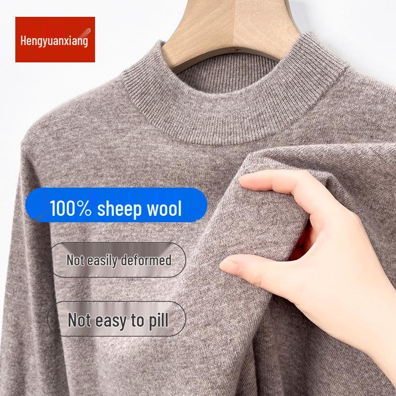 Hengyuanxiang Men's 100% Pure Wool Pullover, Round Neck, Thickened Winter Sweater for Middle-Aged Dads.