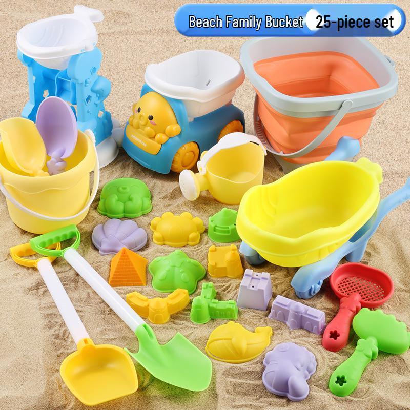 Cross-border Kid's Beach Toy Set: Folding Bucket, Shovel, Sand Tools & Sandglass Accessories