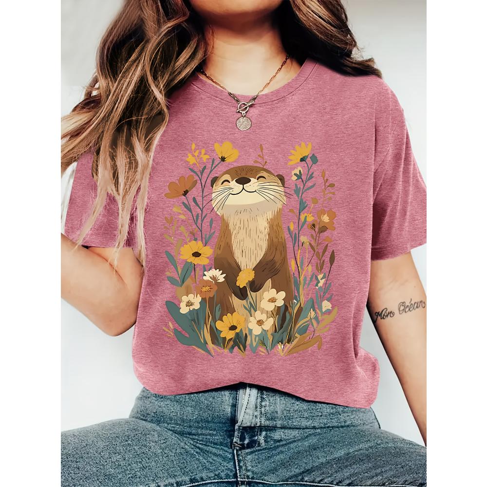 Maglietta da Donna Lontra Carina Floreale - Grafica Naturale, Top Casual Kaki
