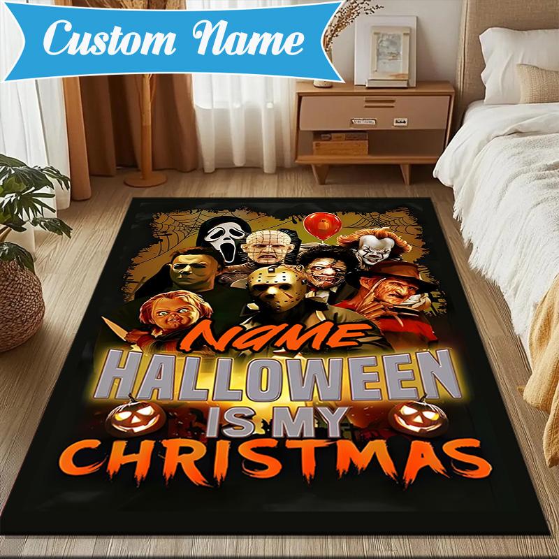 Custom Name Halloween Horror Christmas Rug for Living Room, Game Rooms, Office, Bedroom, Floor Mat Playful Design, fan gifts Christmas decor