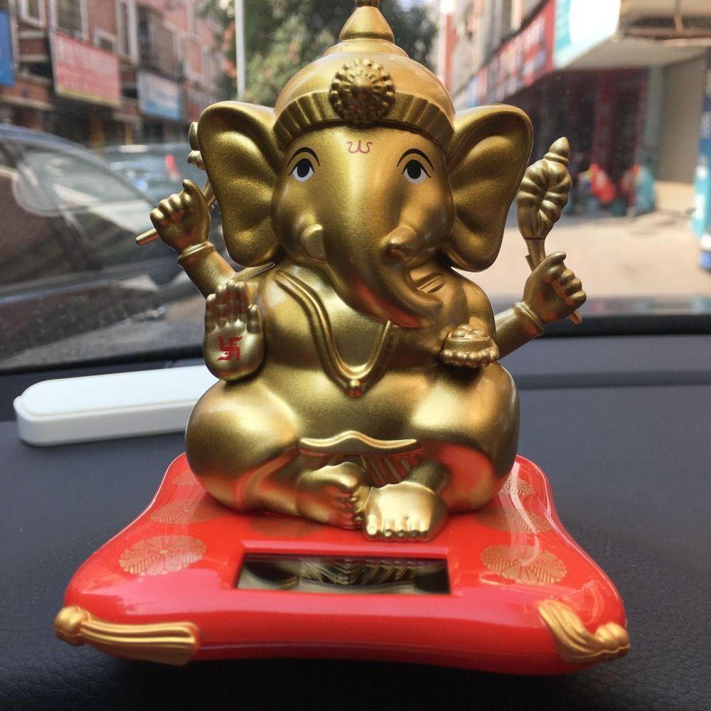 Gsycle Figurine à énergie Solaire pour Tableau de Bord de Voiture, Statues de Dieu éléphant Ganesha, Figurine d'idole Indienne Ganesha à énergie Solaire pour la décoration de la Maison (Or