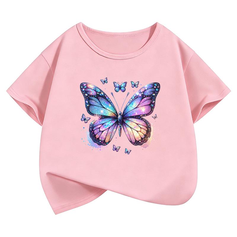 Retro Butterfly Design T-Shirt Printed T Shirt Girls' Summer Clothes Short Sleeve Tops T-Shirts Cute Boys Clothing