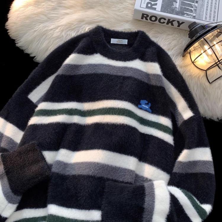 

Men s Striped Knitted Crew Neck Sweater - Casual Loose Fit for Couples XL чёрный