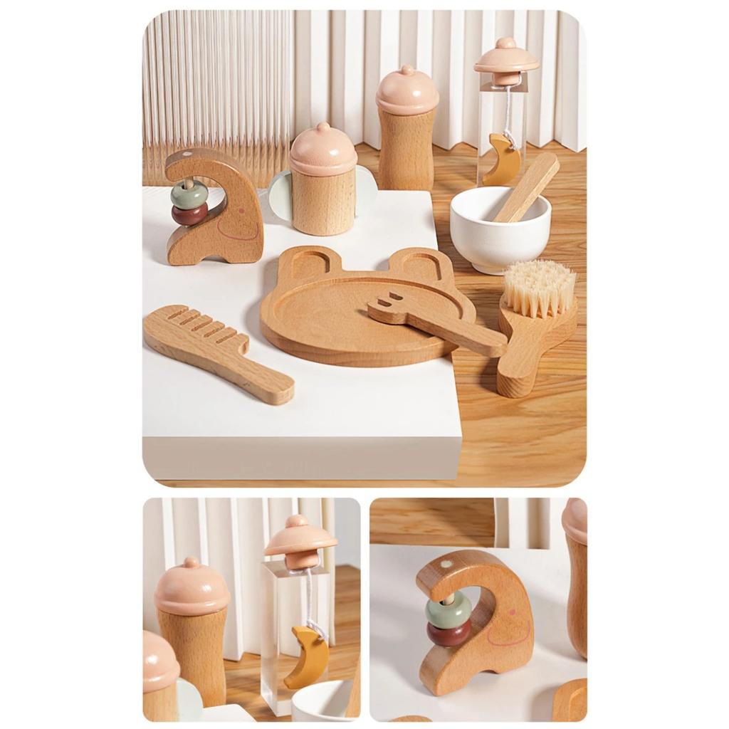 Wooden Pretend Plays Girls Toys Kitchen Game Simulated Makeup Play House Afternoon Tea Playset Cuting Food Educational Toys Gift