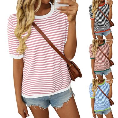 Women's Fashion Loose Round Neck Striped Color Collision Short Sleeve T-Shirt Top