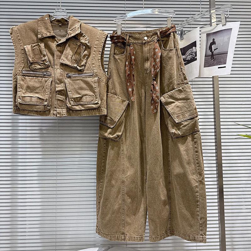 American Retro Wasteland Workwear Vest & Wide-Leg Pants Set 2026 Spring L