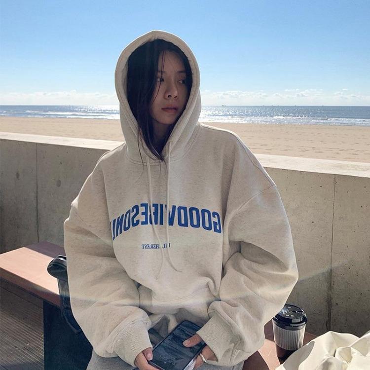 Casual Clothing Women Grey Sleeve Long Oversize Sweatshirt Vintage Warm Baggy Letter Print Streetwear Hoodie S серый 1990₽